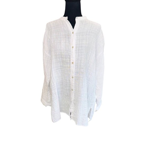 Eileen Fisher Linen Cotton Sheer Check Mandarin Collar Shirt Waffle Minimalist - Picture 2 of 9